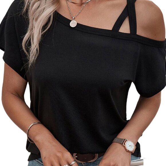 Off Shoulder with Straps Short Sleeve Black Tee Shoulder - Picture 3 of 5
